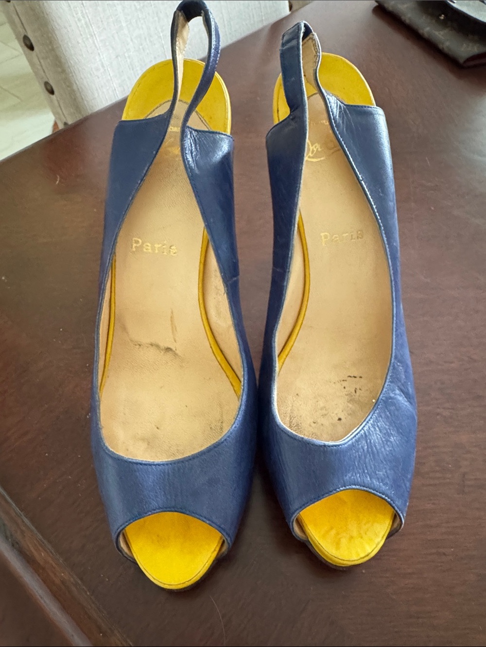 Christian Louboutin Navy Blue Peep-Toe Slingback Heels with Yellow Insole